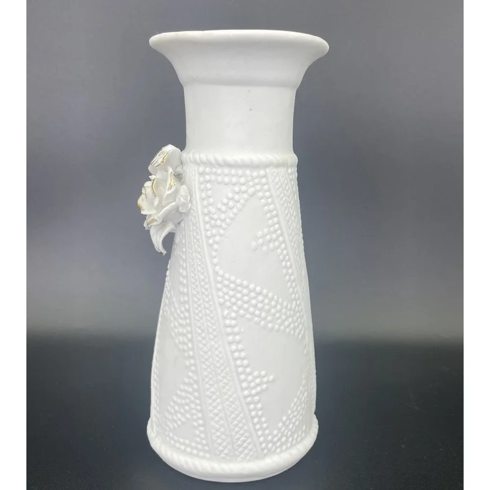 Vintage Ceramic White Vase with Roses/Gold Trim Matte /Glossy Glaze Textured